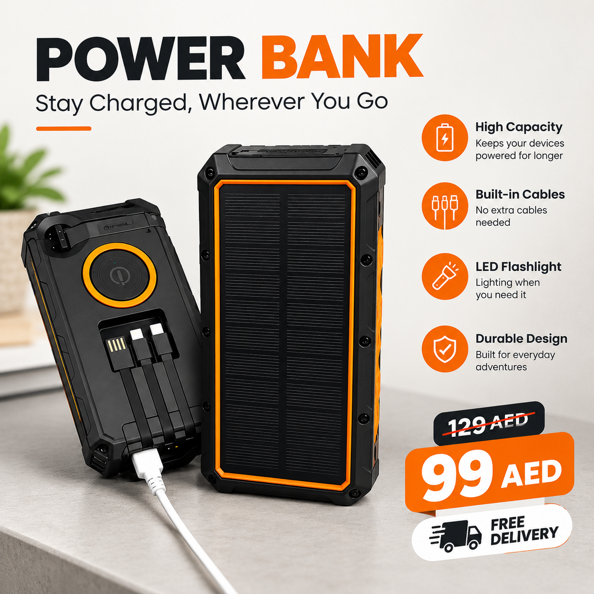 Power Bank with Built-in Cables & LED Light - FREE Delivery