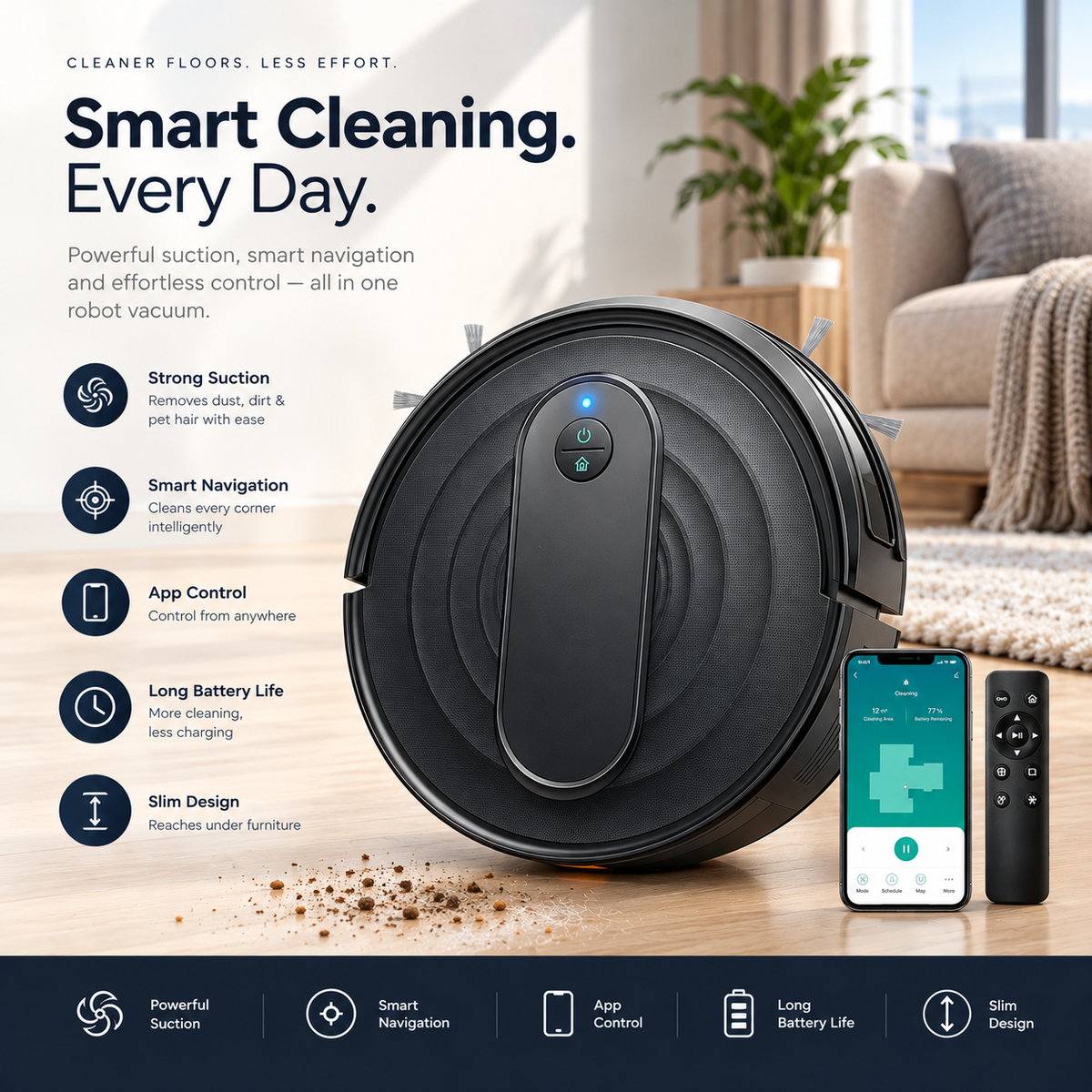 Smart Robot Vacuum Cleaner with App Control & Remote